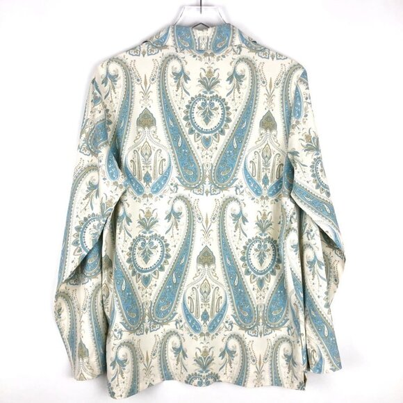 Silk Icon Blouse Women's S Cream Blue Paisley Print 100% Silk Tunic Shirt - Picture 11 of 12